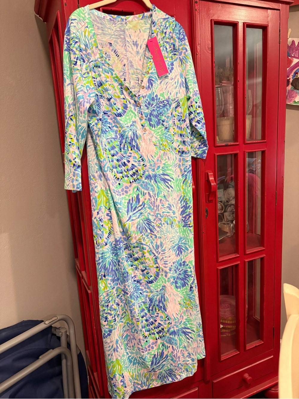 Lilly Pulitzer Blue, Green & White Floral V-Neck Maxi Dress
